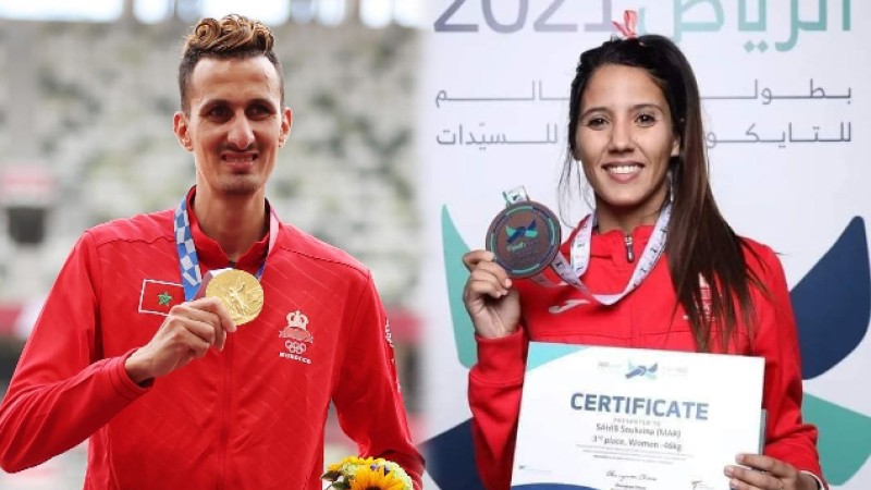 ‏إستفتاء القسم الرياضي بالإذاعة الوطنية التابع للشركة الوطنية للإذاعة والتلفزة، البطل الأولمبي سفيان البقالي‬⁩ و لاعبة التيكواندو‬⁩ ⁧‫سكينة الصاحب‬⁩ أفضل رياضيي 2021 بالمغرب.