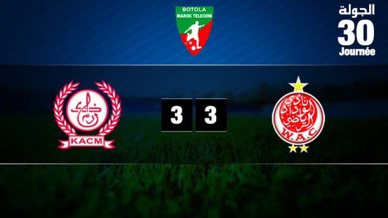 الكوكب المراكشي يتعادل بميدانه مع الوداد البيضاوي (3-3) ويرافق شباب الريف الحسيمي للقسم الثاني